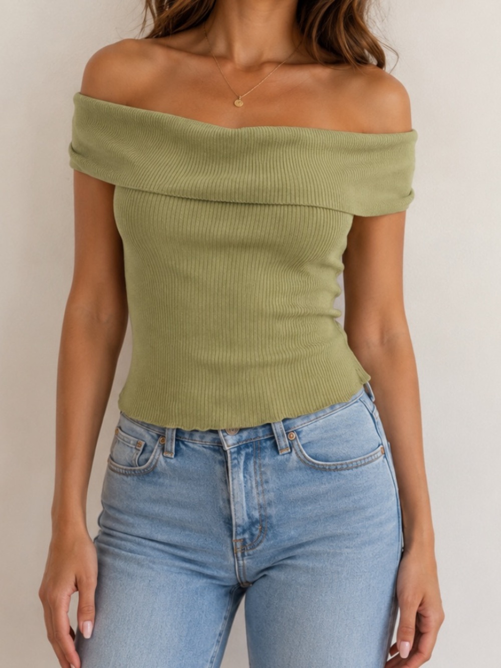 Abercrombie & Fitch Ribbed Knit Off-the-Shoulder Shirt Green Medium